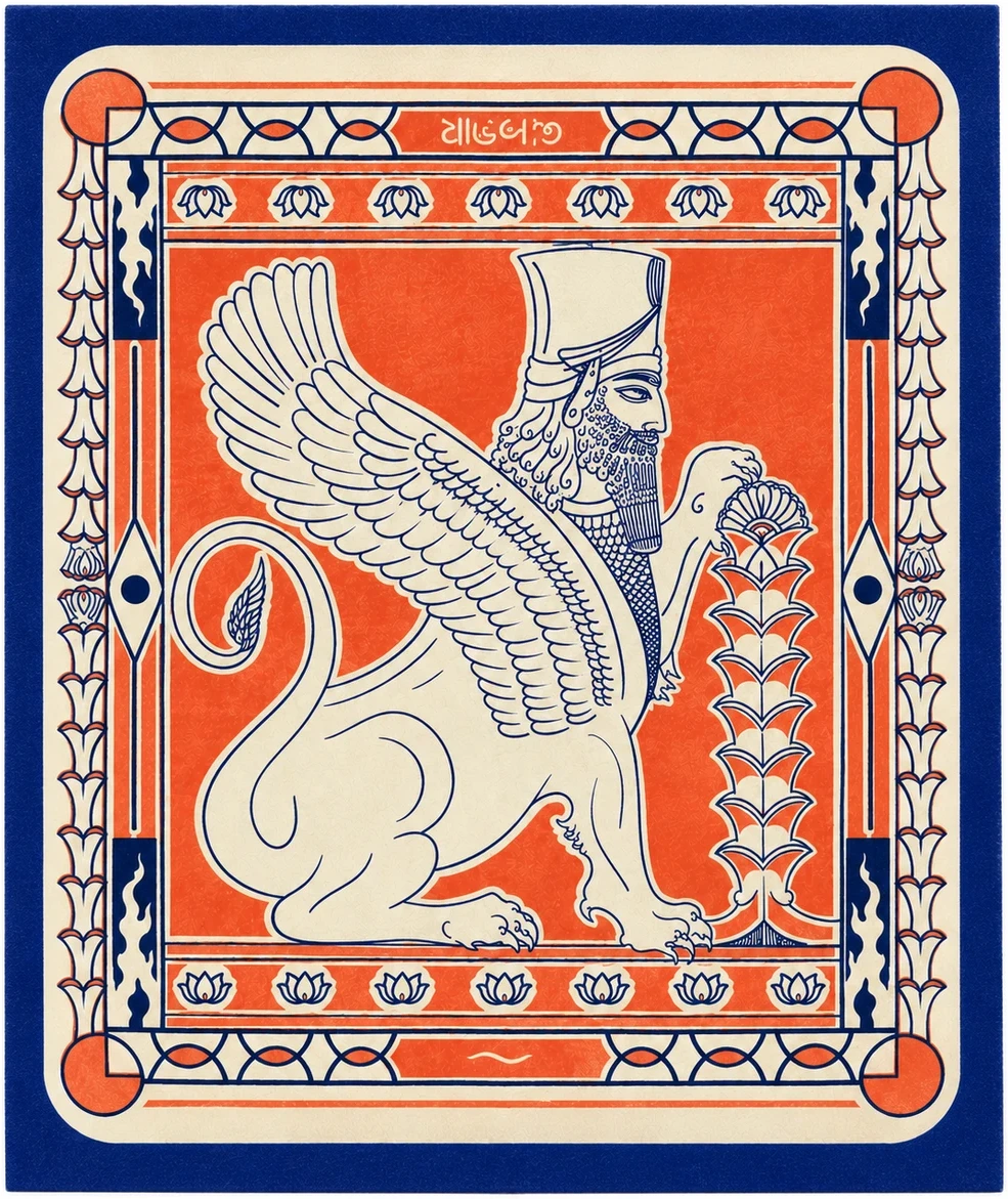 Lamassu screen print by Dhruti Modha of Samsara Bazaar, with a winged bull figure in orange and blue
